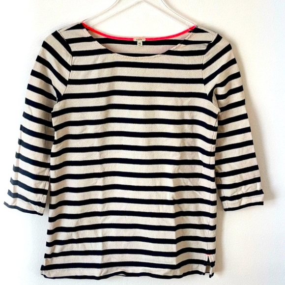 J Crew | 100% Cotton 3/4 Sleeve Navy Stripe Nautical Crewneck contrast stitch - Picture 2 of 6